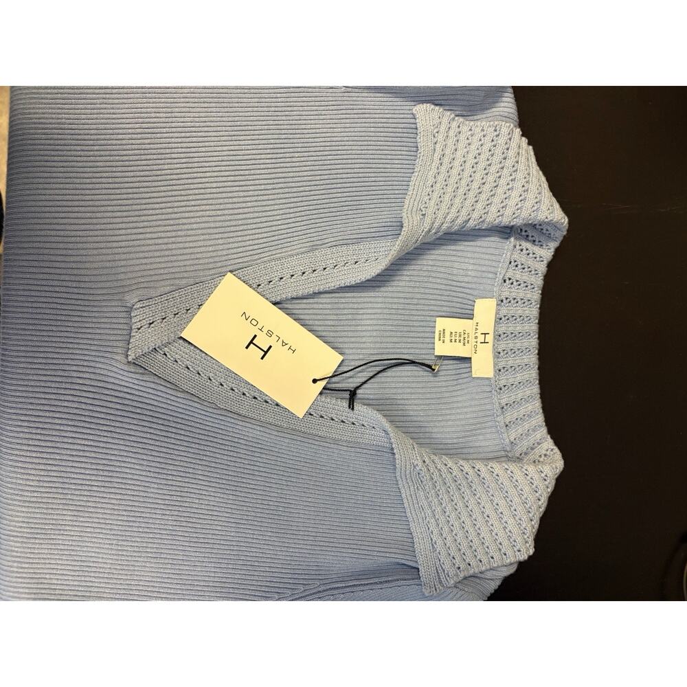 Halston Blue Ribbed Collared Top | Quiet Luxury Capsule Knit NWT French Coastal - Picture 11 of 11